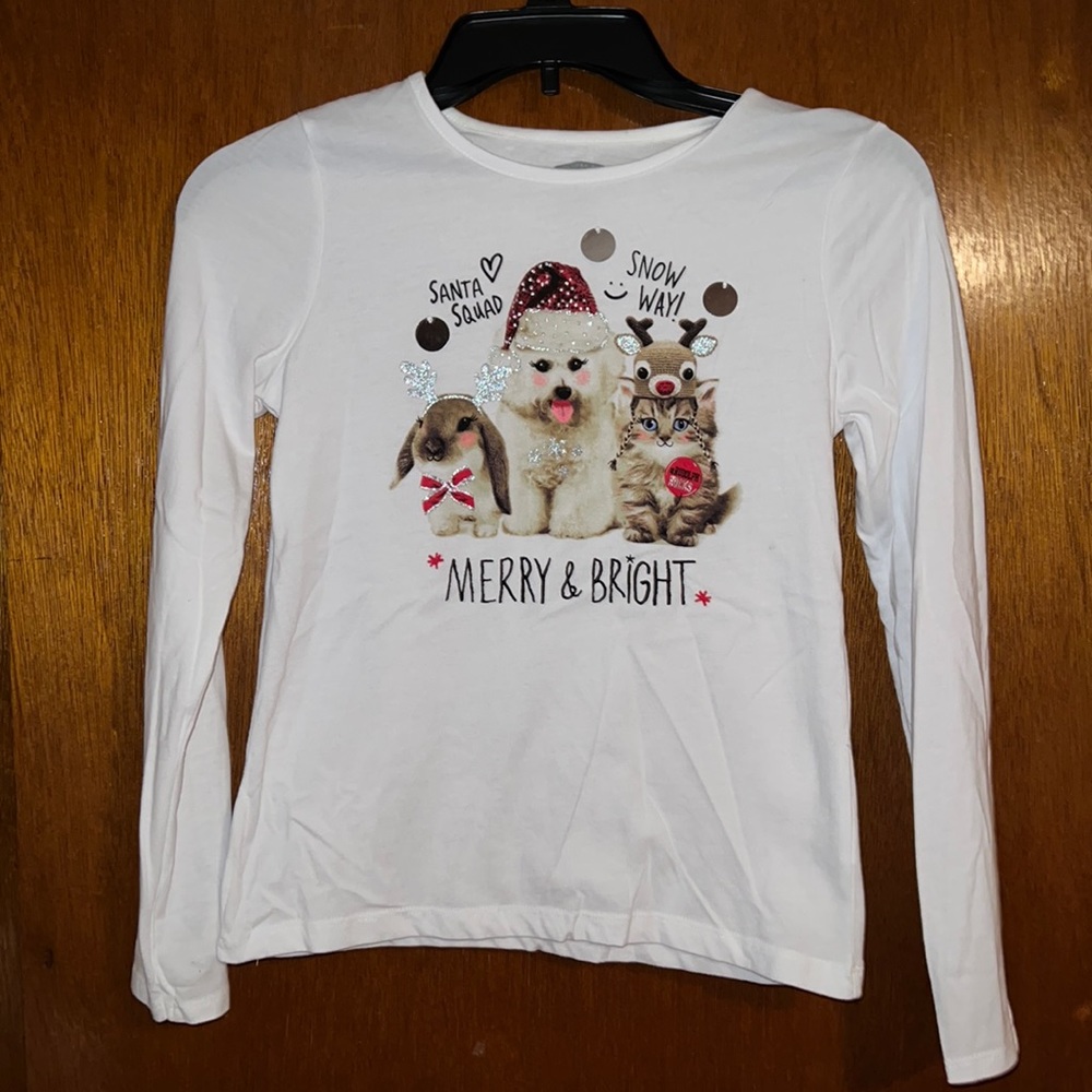 Kid size large 10/12 holiday shirt, merry and bright with animals